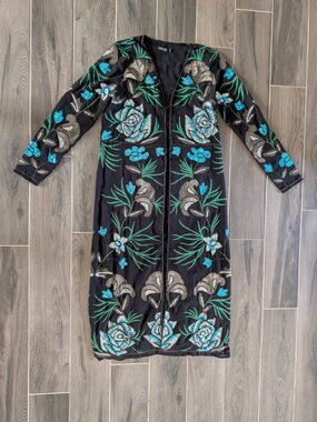 Nasty Gal Embellished Sequin Duster Jacket / Dress Black Floral Size L